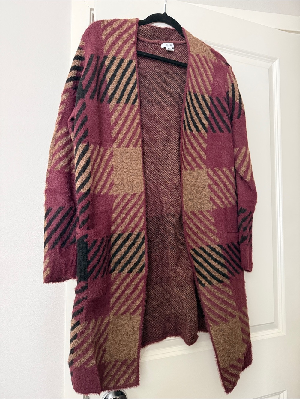 Nine West Berry and Tan Plaid Open-Front Cardigan
